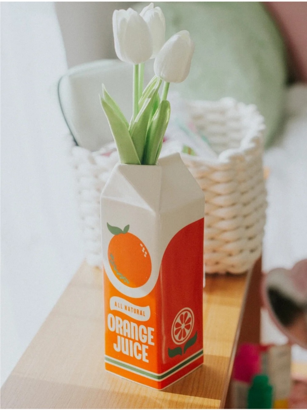 Ban.do Rise And Shine Orange Juice Carton VASE 9" Ceramic Flower Holder